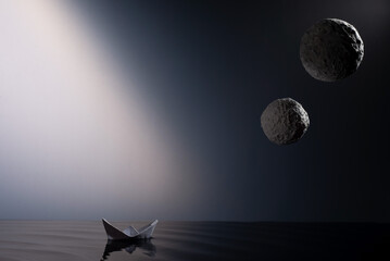 surrealism paper ships sail on water with planets on gradient background