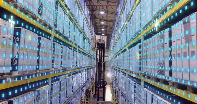 Visualization of modern technologies. Modern forklift in a warehouse. Forklift in a large modern warehouse with graphics