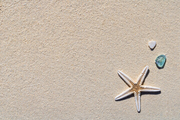 Starfish with a seashell and a stone on the sand. Minimalistic summer vacation background , flat...