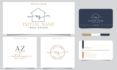 AZ Initial handwriting Real estate signature logo with business card design vector template. 