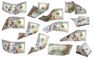 Dollars, flying money, curved in different ways, isolated on a white background.