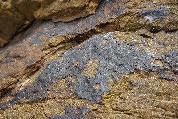 Rough cassiterite metallic ore of tin stuck on the rock. Natural mineral from geological.