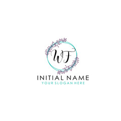 Initial letter WF handwriting with floral frame template