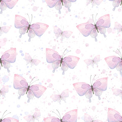 Delicate pink and lilac butterflies with splashes of paint. Bright, cute, childish, summer. Watercolor, seamless pattern. For decoration and design of fabric, textiles, wallpaper, paper, clothes.
