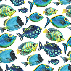 Obraz premium Various tropical fish, a flock. Watercolor illustration. Seamless pattern on a white background. For textiles, fabric, paper, wallpaper, covers, souvenirs, design and decoration.