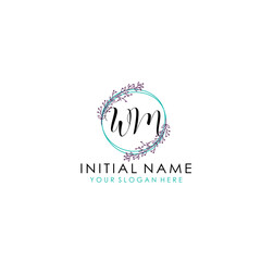 Initial letter WM handwriting with floral frame template