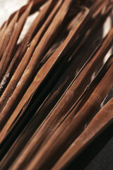 Close up of dried palm leaves. Tropical abstract background and texture.