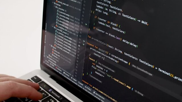 Coding on the screen, HTML encoding and programming on a laptop screen, developer, web development. Computer Web Developer. Cloud data social network media or virus. High quality 4k footage