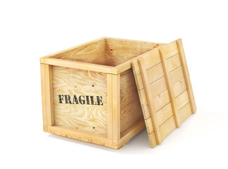 Open delivery wooden box isolation on a white background. 3d illustration