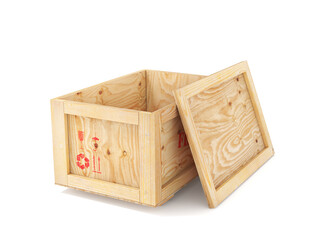 Open delivery wooden box isolation on a white background. 3d illustration