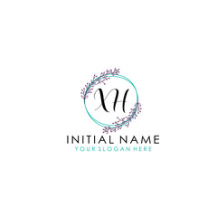 Initial letter XH handwriting with floral frame template