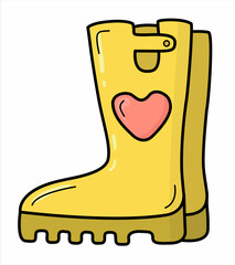 Isolated  color vector illustration with line contour rubber boots with heart. Spring, summer, autumn garden theme. 