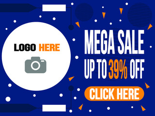 Mega sale 39% off in blue. Banner for logo and purchase targeting click.