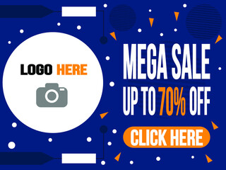 Mega sale 70% off in blue. Banner for logo and purchase targeting click.