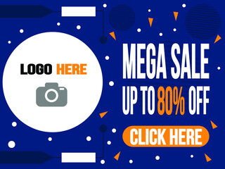 Mega sale 80% off in blue. Banner for logo and purchase targeting click.