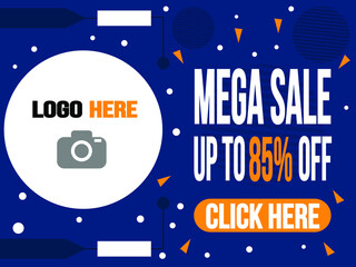 Mega sale 85% off in blue. Banner for logo and purchase targeting click.
