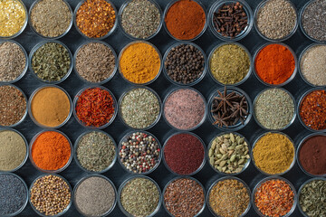 Assortment of aromatic spices, seeds and dry herbs for cooking food