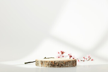 Minimal modern product display on white background. Wood slice podium and spring brunches