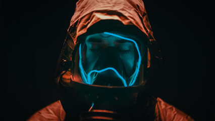  Man with suit and gas mask at night  - obrazy, fototapety, plakaty