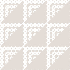 Vector geometric ornament in ethnic style. Abstract seamless pattern with simple elements, triangles, squares, chevron, repeat tiles. Folk motif. Beige and white background. Minimal geo texture