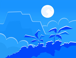 Night landscape of the tropical forest on a background of the moon. Rainforest and mountain. Cartoon vector illustration. Wildlife nature