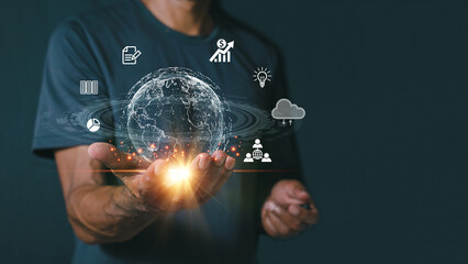 man Hand holding virtual Global Internet connection metaverse. Business global internet connection application technology and digital marketing, Financial and banking, Digital link tech, big data.