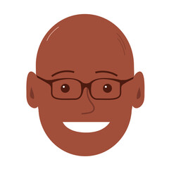 Portrait of a cheerful young man with a happy smile. African American face with glasses. Flat vector illustration of a male head. Isolated on white background