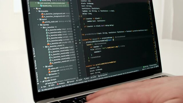 Coding on the screen, HTML encoding and programming on a laptop screen, developer, web development. Computer Web Developer. Cloud data social network media or virus. High quality 4k footage