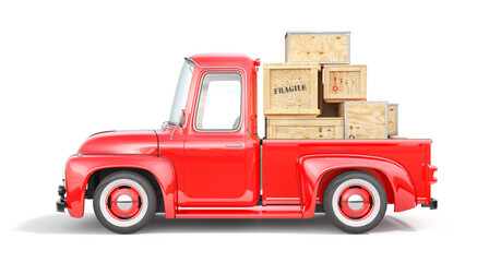 Fototapeta premium Old red truck for delivery isolated on a white background. 3d illustration
