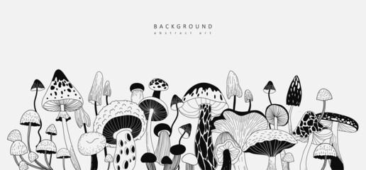 Set of various mystical mushrooms. Hippie magic boho wall art background. Psychedelic vector illustration. Magic and boho texture. Hand drawn style © merfin