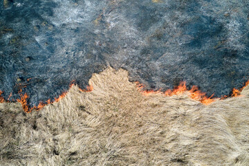 Aerial view of grassland field burning with red fire during dry season. Natural disaster and climate change concept