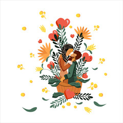 A man gently hugs a woman. Valentine's day illustration. Design for family hearth or postcard.