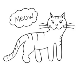 Vector doodle linear cat on white background. Isolated outline cute pet in childish style