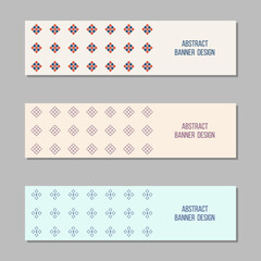 Set of 3 abstract vector banner templates. Banners with geometric elements, simple outline shapes, rhombuses. Place for text. Vector color backgrounds.