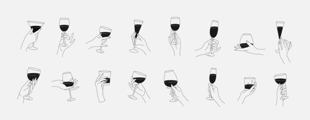 Collection of different woman hands gestures hold wineglass or drink cocktails. Minimal linear trendy style. Line icons or symbol of female hand for logo in restaurant or bar. Vector - 509417372