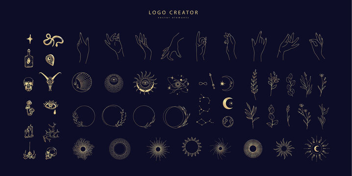 Logo design creator with different frames, floral elements and hand gestures. Magic objects in a minimalistic linear style elements set isolated on background. Vector minimal trendy