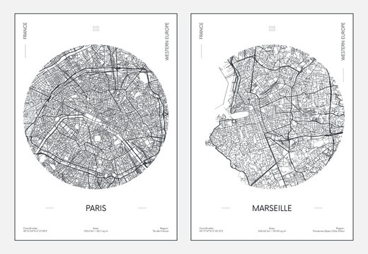 Travel poster, urban street plan city map Paris and Marseille, vector illustration