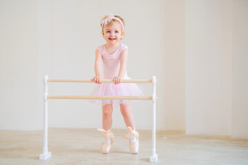 Portrait of a cute blue-eyed baby ballerina in a pink leotard and big pointe shoes standing near the ballet barre. - obrazy, fototapety, plakaty