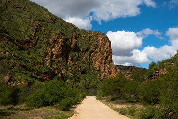 View of the dramatic geology of the Baviaanskloof (Valley of the Baboons) from the gravel road,...