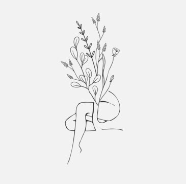 Concept art of blossom beauty. Elegant linear woman with floral branch and wildflowers. Minimalistic female figure and face. Vector art of femininity and beauty for logo or wall art. Botanical