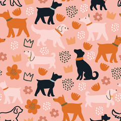 Vector seamless pattern with cute dogs silhouettes, cut out flowers, crowns, dots on pink background. animal pattern with domestic dogs.