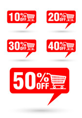 Sale tag speech bubble red shape. Set of 10, 20, 30, 40, 50 percent price sticker icon label isolated on white background
