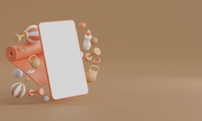 Obraz premium Blank screen smartphone with sport equipment levitating on orange background as fitness application for health 3D rendering illustration