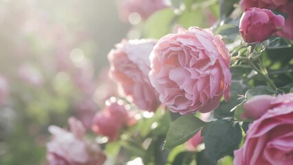 Beautiful pink roses in early morning hours in Vienna Hofburg garden. Nature, summer, travel concept. 4K UHD