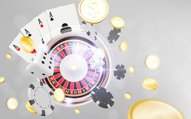 Playing cards and poker chips fly casino. Concept on a grey background. Casino poker vector illustration.Gambling concept
