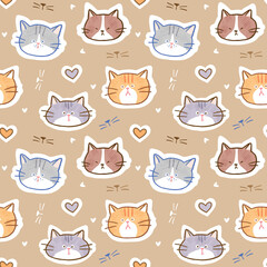 Seamless Pattern with Cartoon Cat Face and Heart Design on Light Brown Background