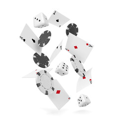 Falling casino chips and playing cards, vector illustration isolated on white