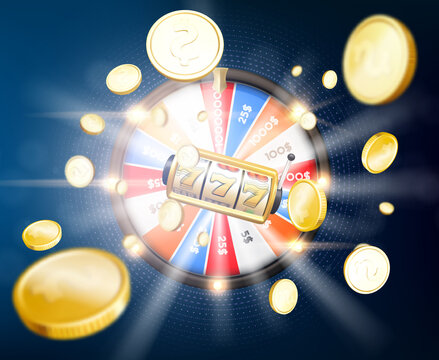 Golden slot machine and wheel of fortune wins the jackpot on the background of the explosion of coins. Vector illustration
