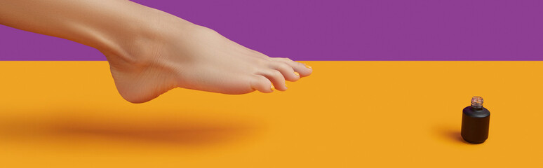 Female leg summer nail design on orange and purple background. Body treatment