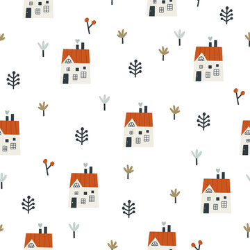 Hand drawn houses, flowers, berries and twigs isolated on white backdrop. Cute vector seamless pattern. Cartoon background for kid's textile, clothes, room design, wrapping paper, wallpaper.